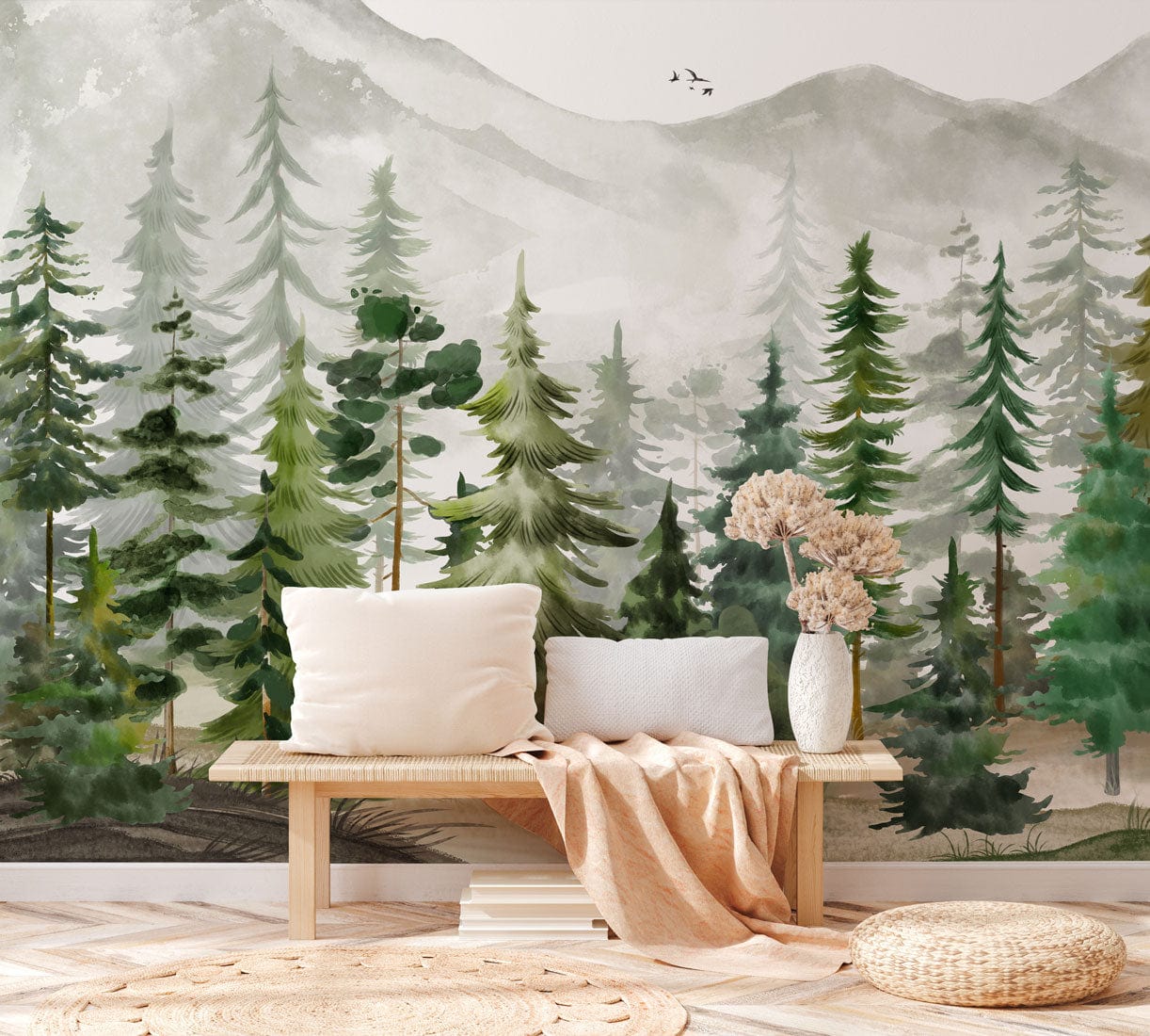 green watercolor forest wall mural hallway design