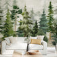 green watercolor forest wall mural living room decor