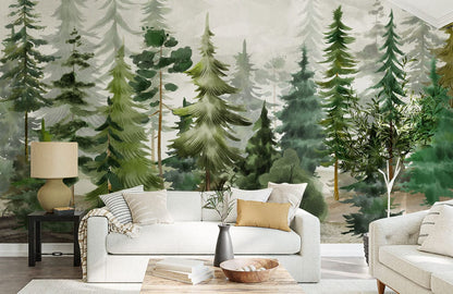 green watercolor forest wall mural living room decor
