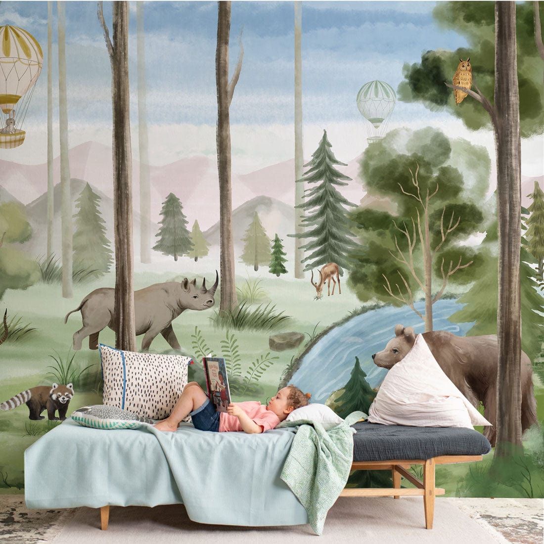 Cartoon Animals in the Jungle Watercolor Wall Mural for Children's Room