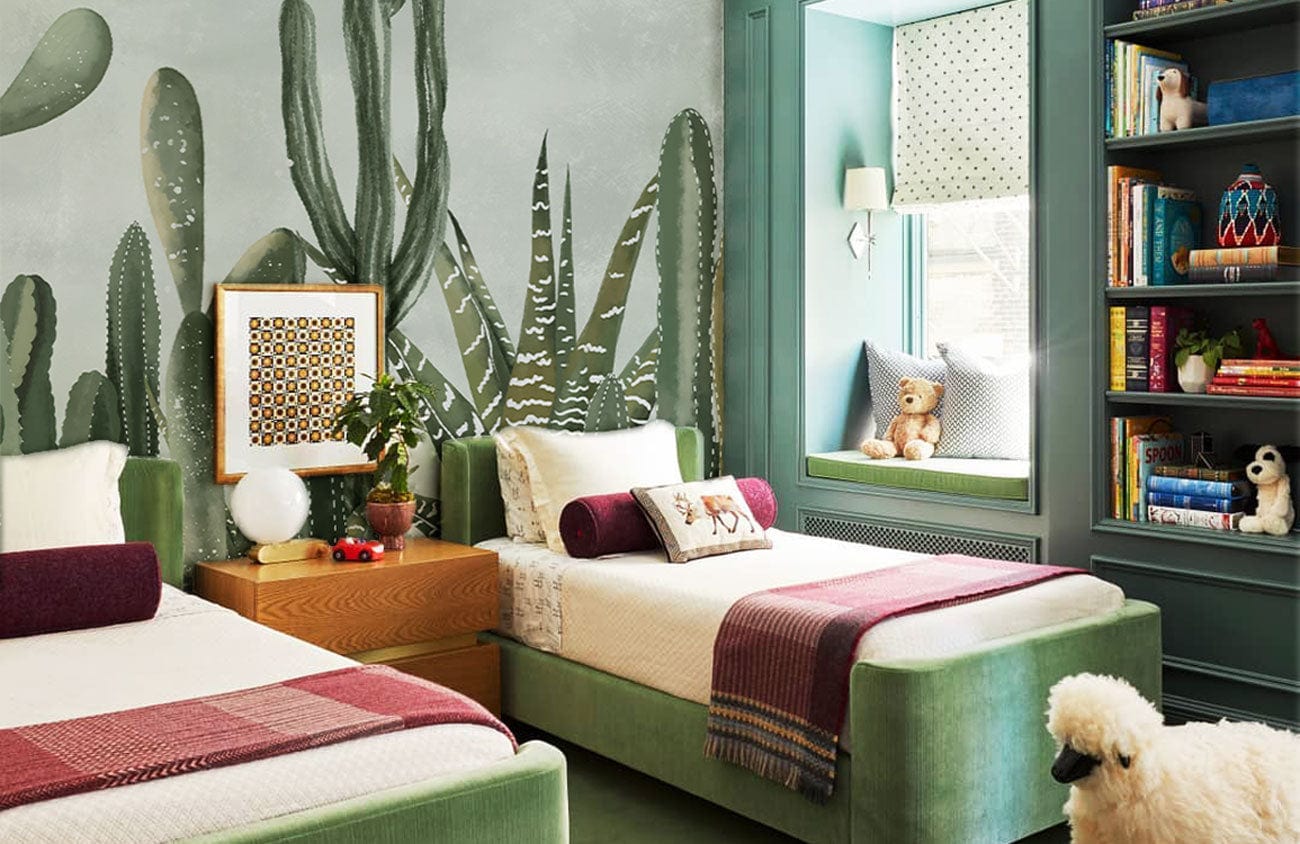 Suitable for use in hotel design, this wallpaper mural features watercolour cactus.