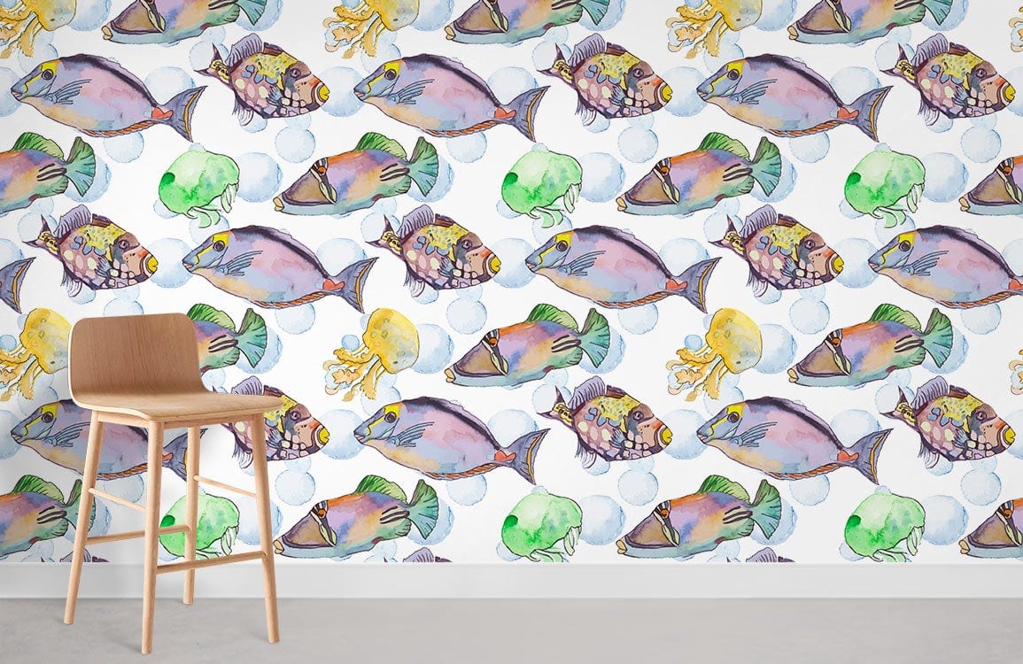 fish is swimming and blowing bubbles wall mural