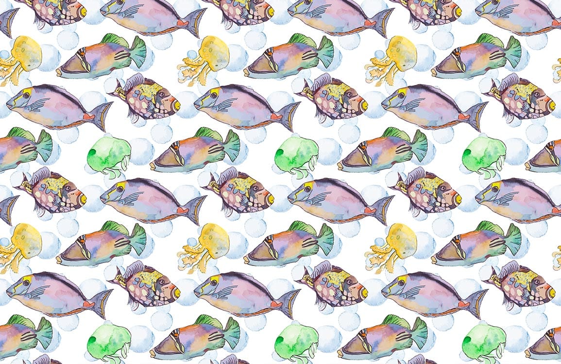 Aquatic Marine Life Illustration Mural Wallpaper