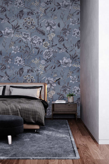 Elegant Blue Floral Bedroom Mural Wallpaper in bedroom