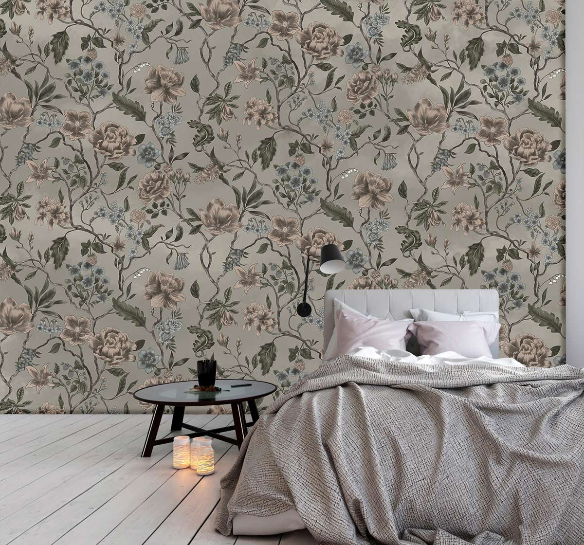 Vintage Floral Botanical Wallpaper Mural in bedroom