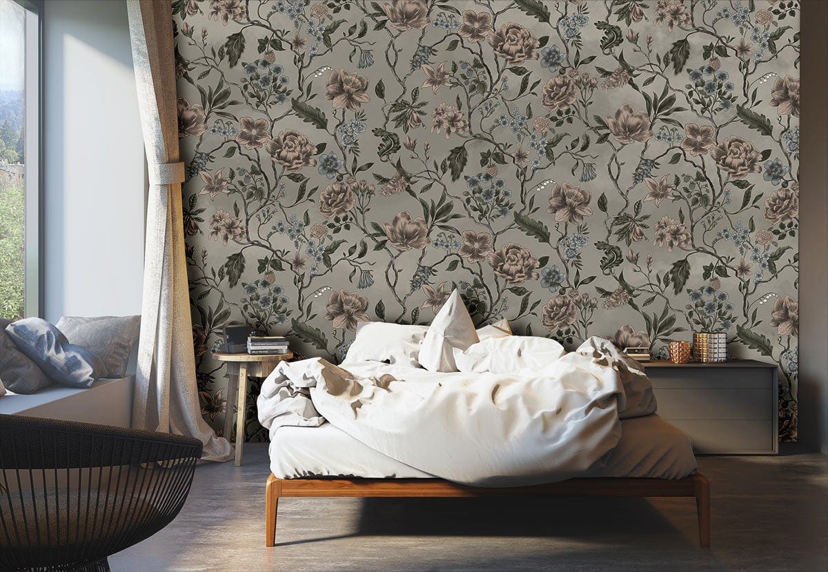 Vintage Floral Botanical Wallpaper Mural in bedroom