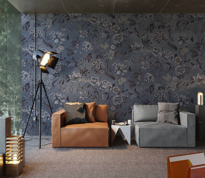 Elegant Blue Floral Bedroom Mural Wallpaper in living room