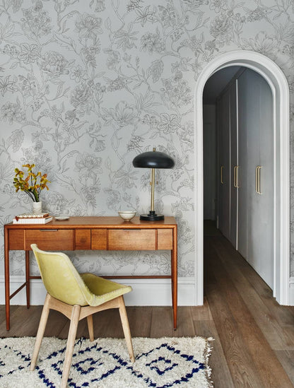Elegant Grey Botanical Illustration Mural Wallpaper in office