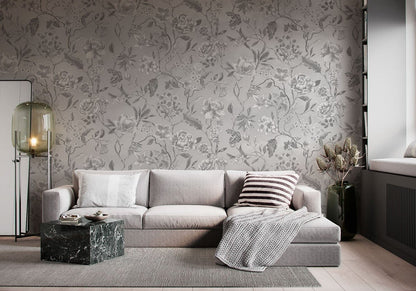 Elegant Grey Floral Mural Wallpaper in living room