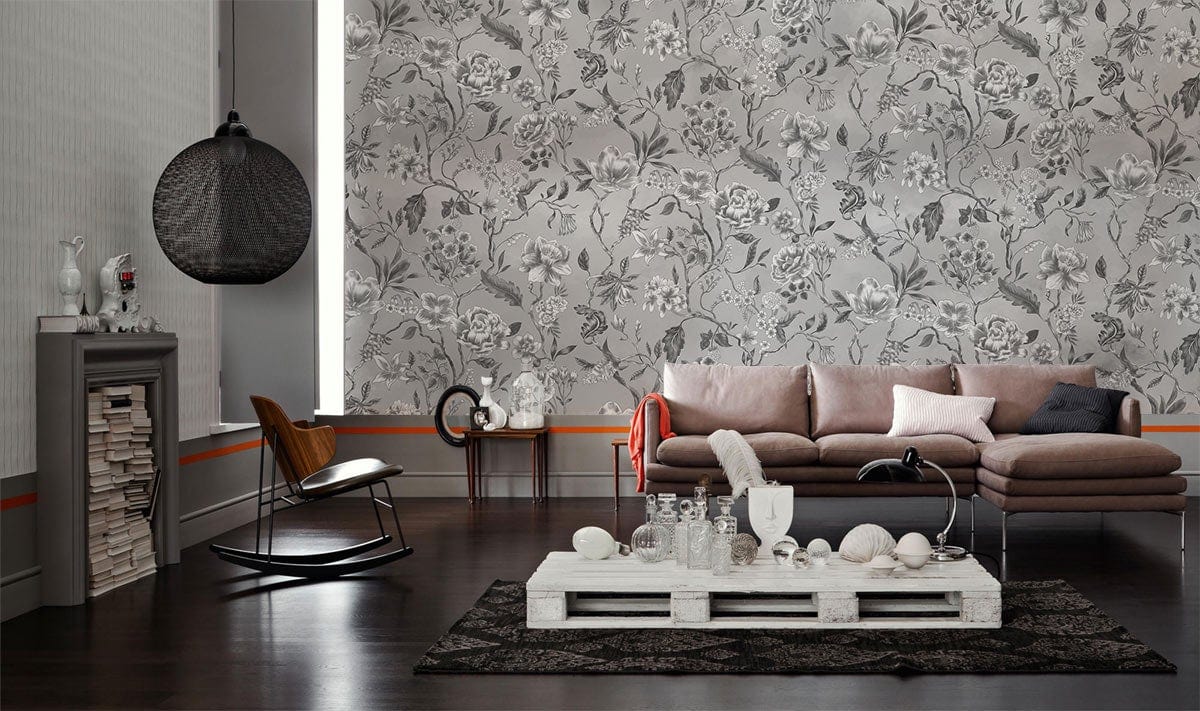 Elegant Grey Floral Mural Wallpaper