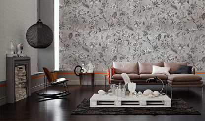 Elegant Grey Floral Mural Wallpaper in living room