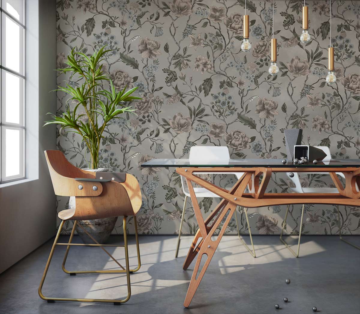 Vintage Floral Botanical Wallpaper Mural in dining room