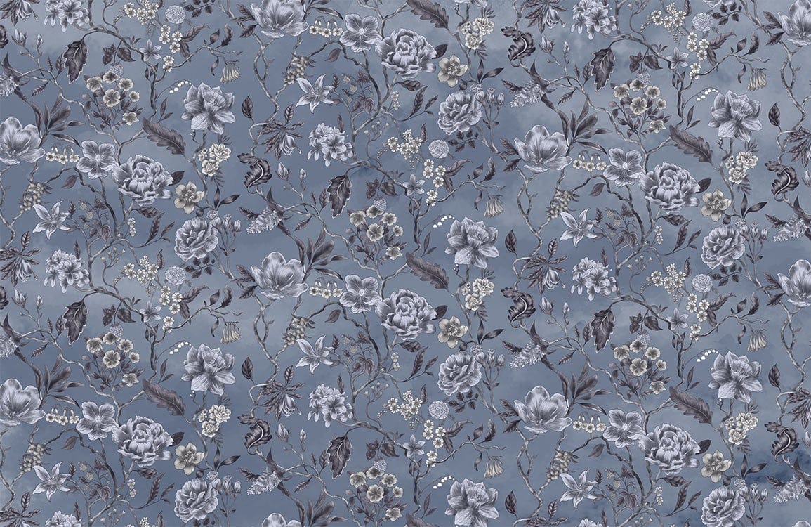 Elegant Blue Floral Bedroom Mural Wallpaper