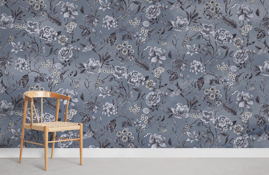 Elegant Blue Floral Bedroom Mural Wallpaper