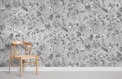 Elegant Grey Floral Mural Wallpaper