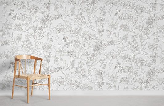 Elegant Grey Botanical Illustration Mural Wallpaper