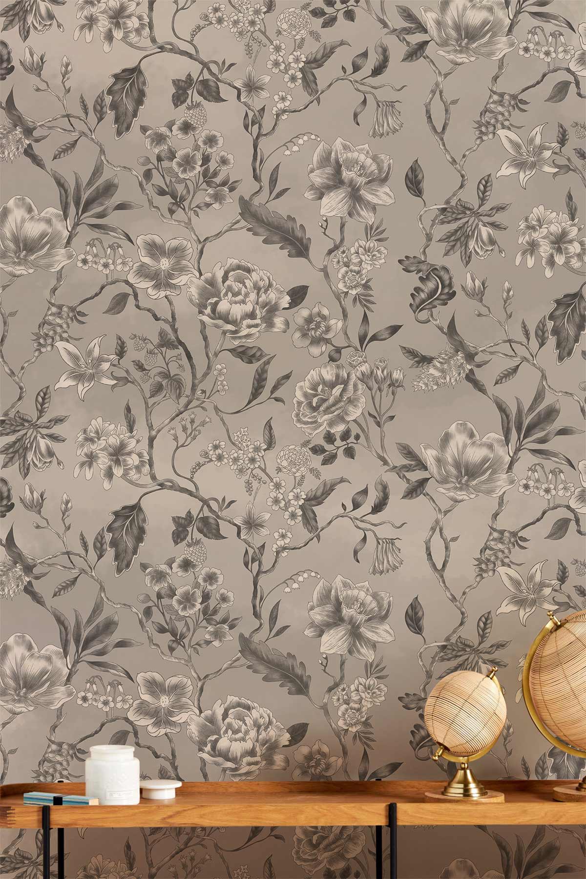 Elegant Grey Floral Mural Wallpaper