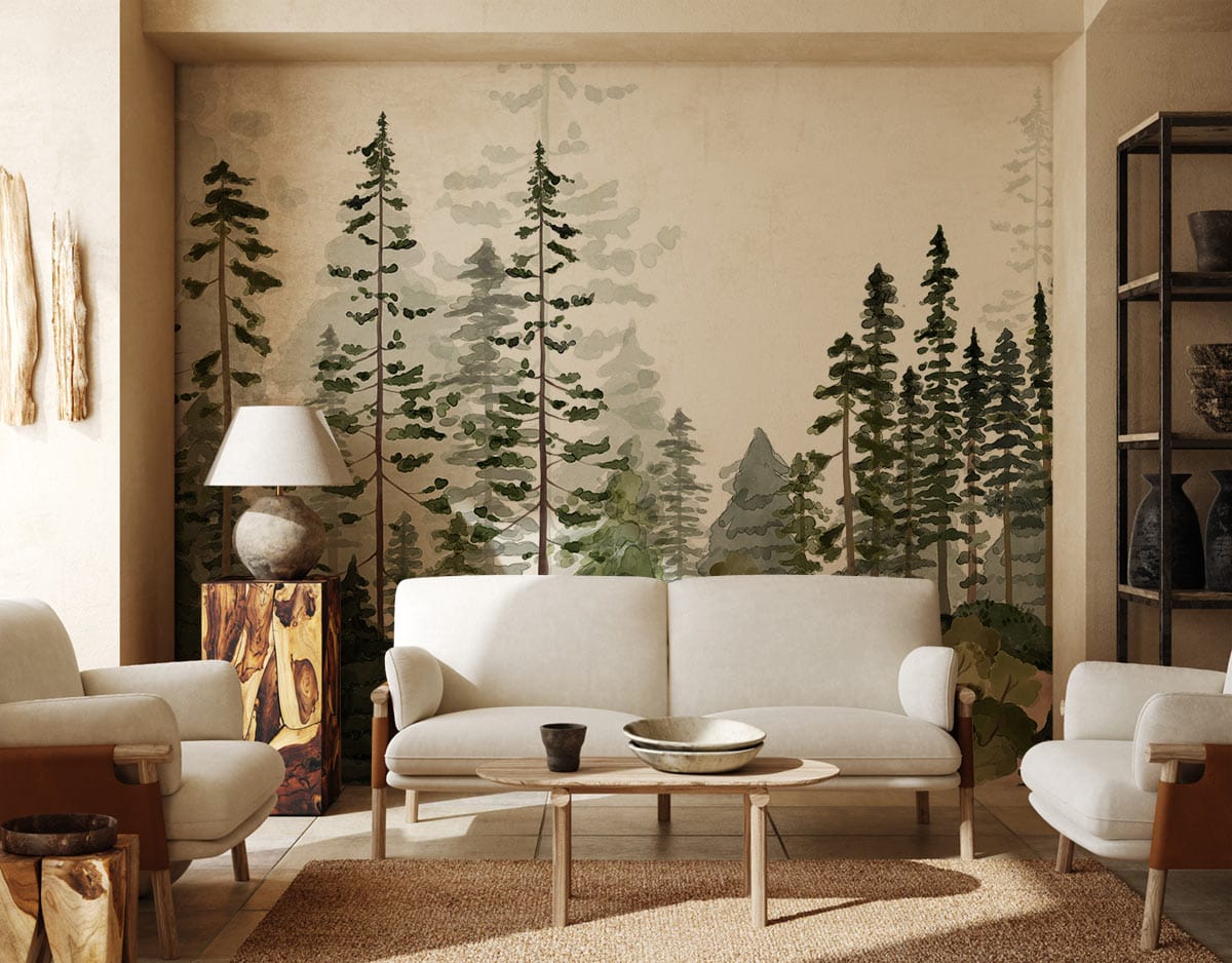 Mural Wallpaper with a Watercolor Forest to Adorn Your Living Room