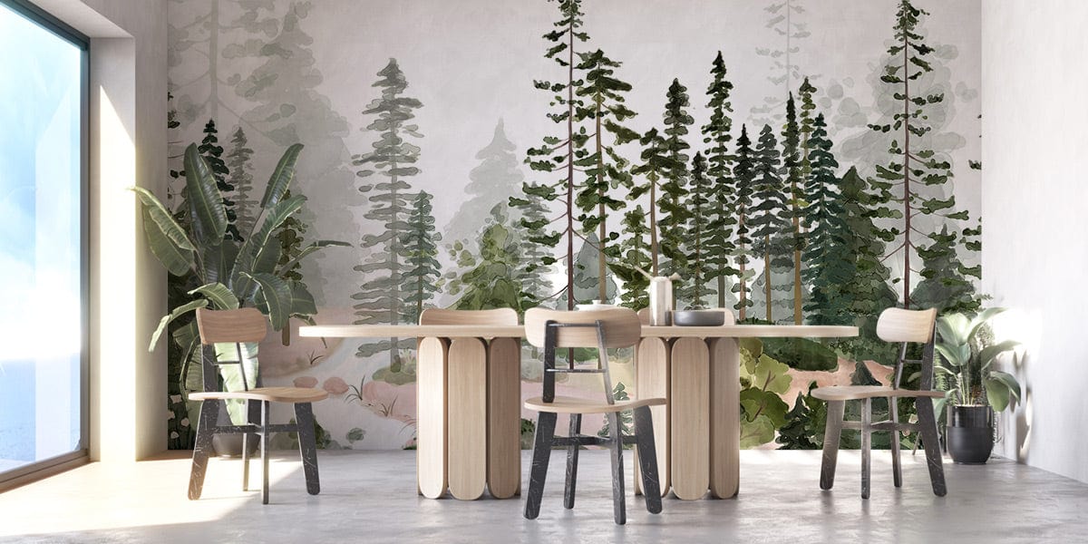 Invigorate your workspace with this watercolour mural wallpaper featuring a lush forest scene.