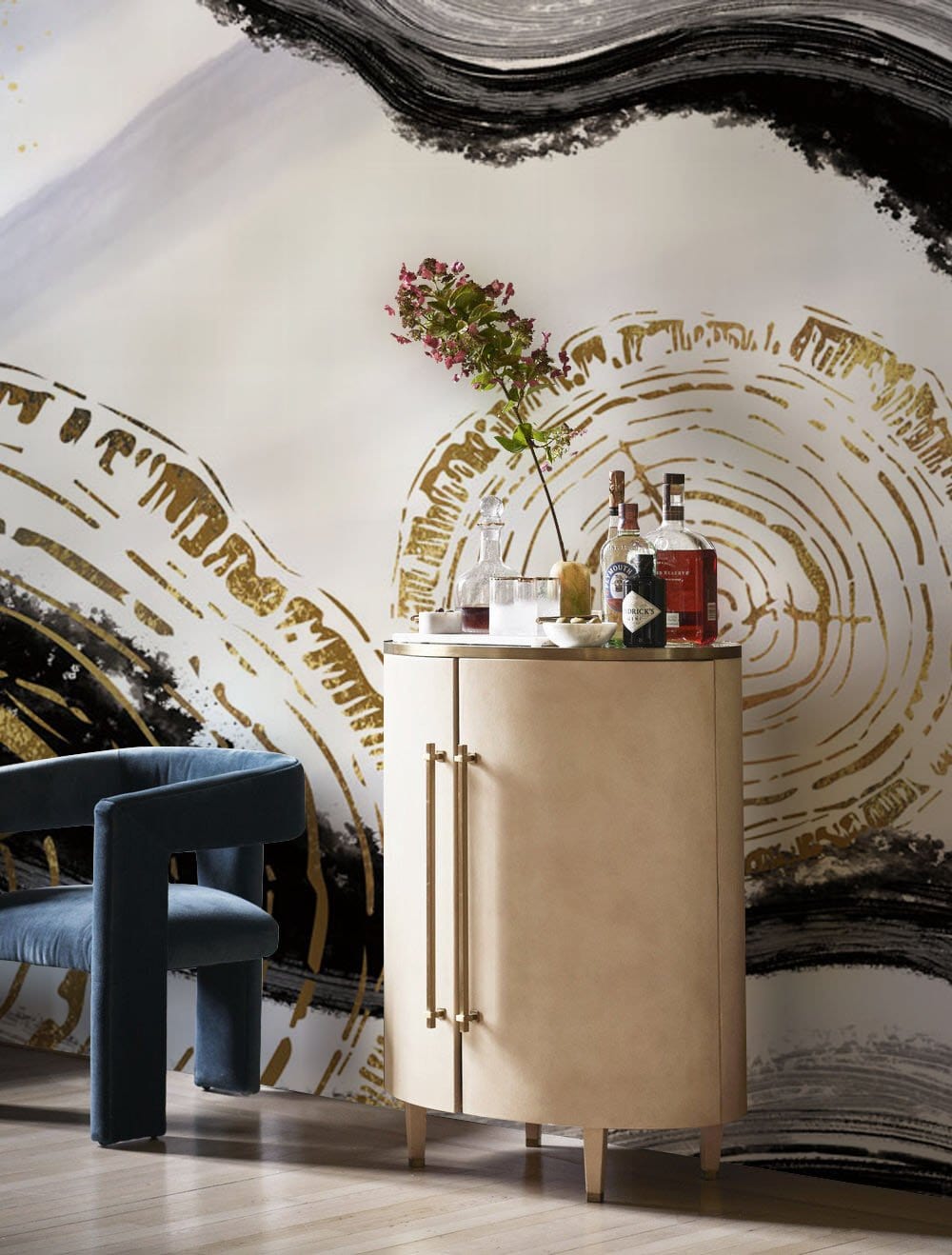 A living room mural made with a watercolour growth ring.