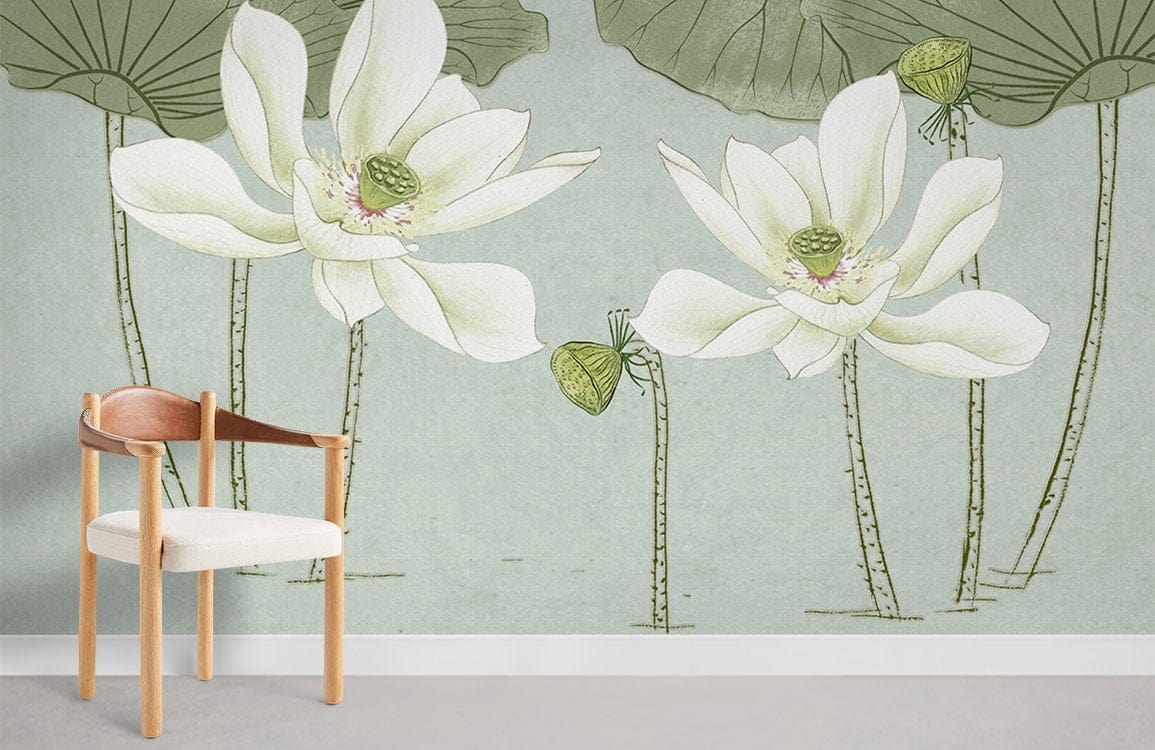 White Watercolor Lotus Wall Mural Room