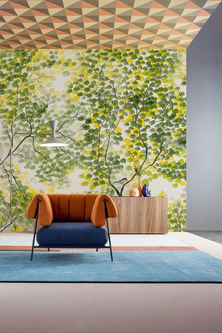 Wallpaper mural with a watercolored illustration of spring trees for use in decorating the hallway.