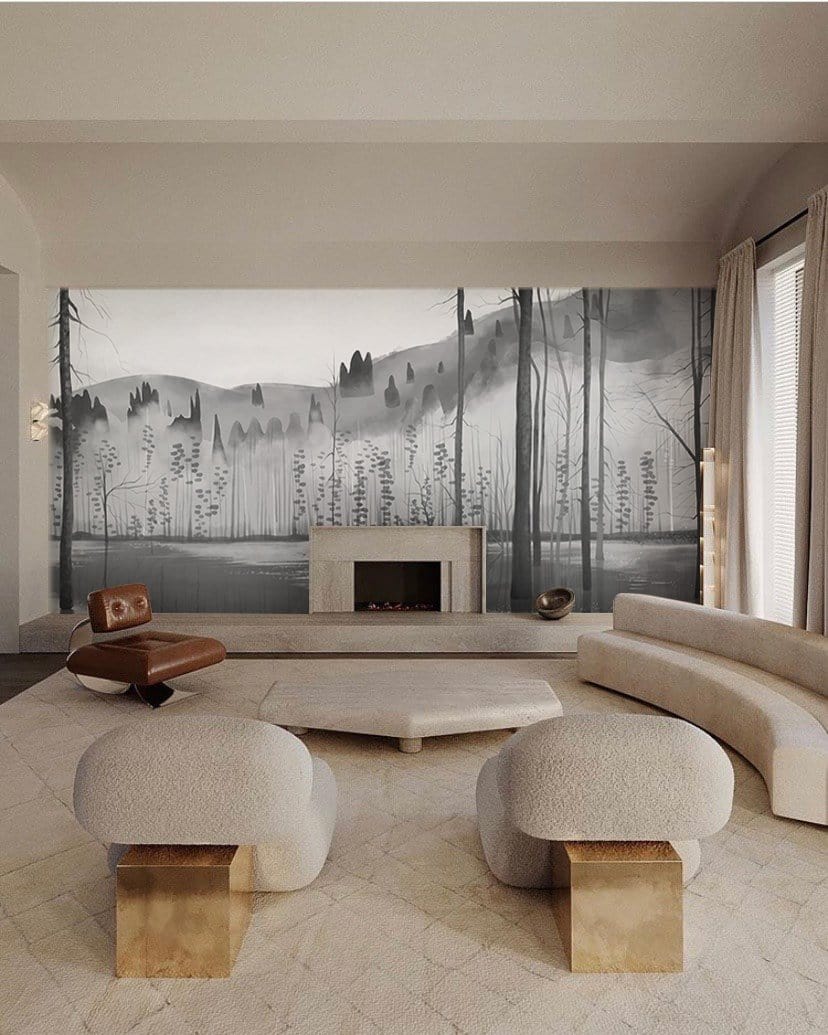 Misty Forest Landscape Monochrome Mural Wallpaper in living room