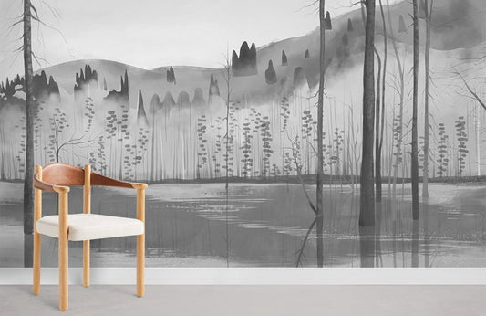 Misty Forest Landscape Monochrome Mural Wallpaper