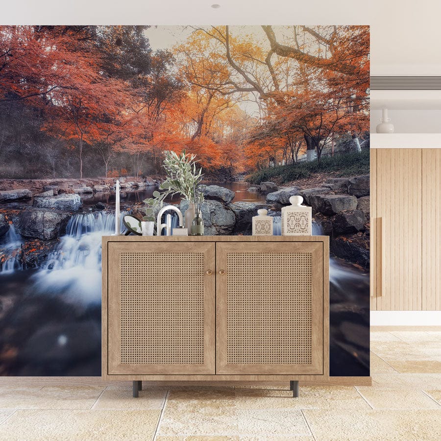 waterfall & maple leaves wall mural hallway custom design