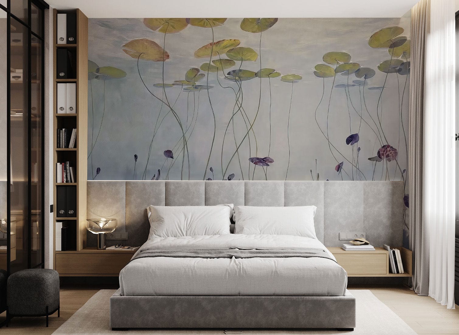 Wallpaper mural for bedroom decor featuring a water lily pool scene.