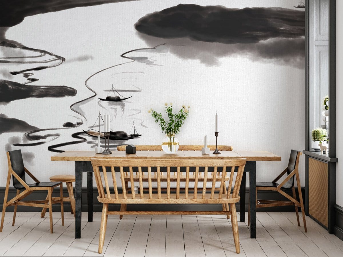 Dining room mural wallpaper with a watercolour painting of a river