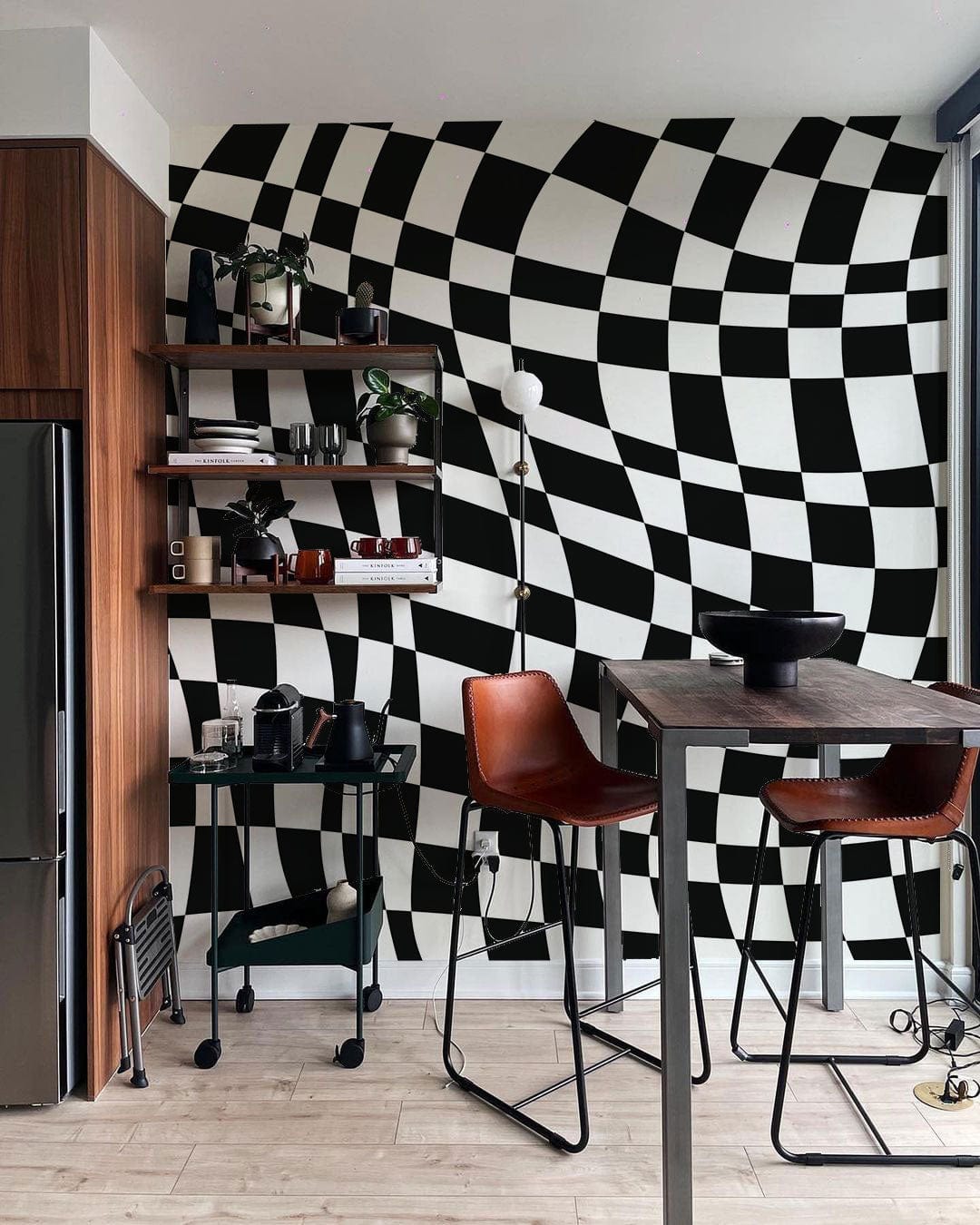 Wallpaper mural featuring a wavy checkerboard grid for use in the dining room's decor.