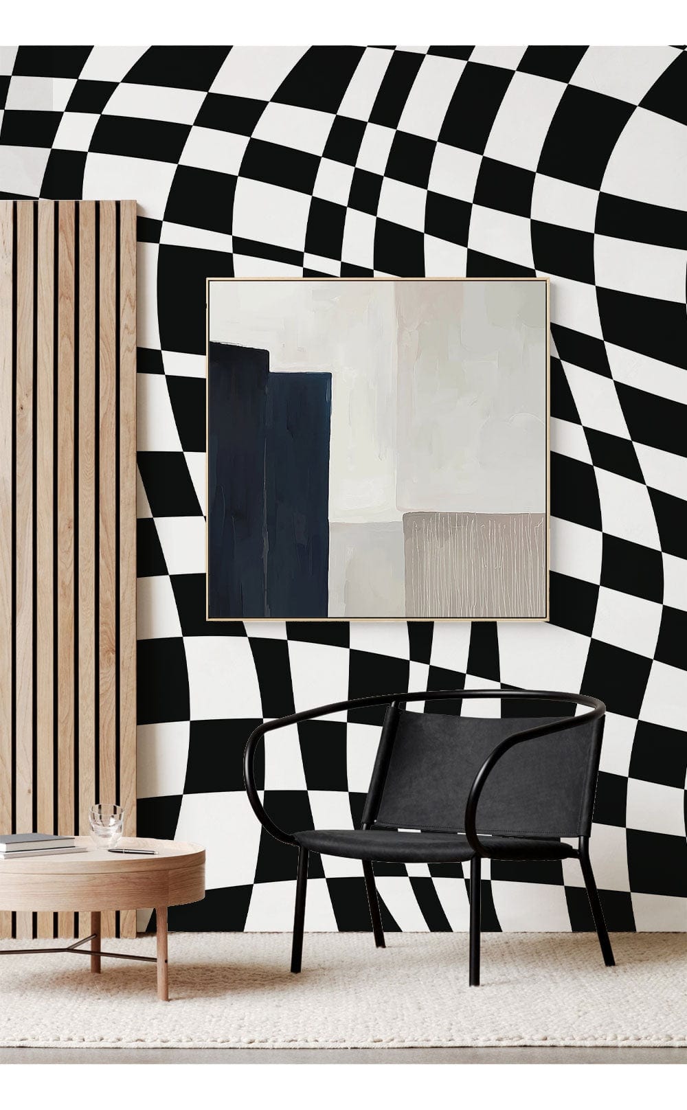 Wallcovering Mural with a Wavy Checkerboard Grid for Use in Decorating the Hallway
