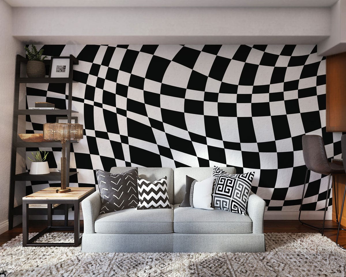 Mural wallpaper design featuring a wavy checkerboard grid for use in decorating the living room.