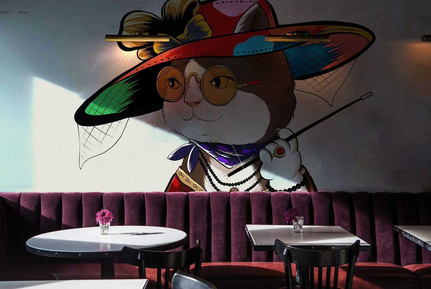 Wallpaper mural featuring a well-dressed lady cat for use in the decoration of restaurants.