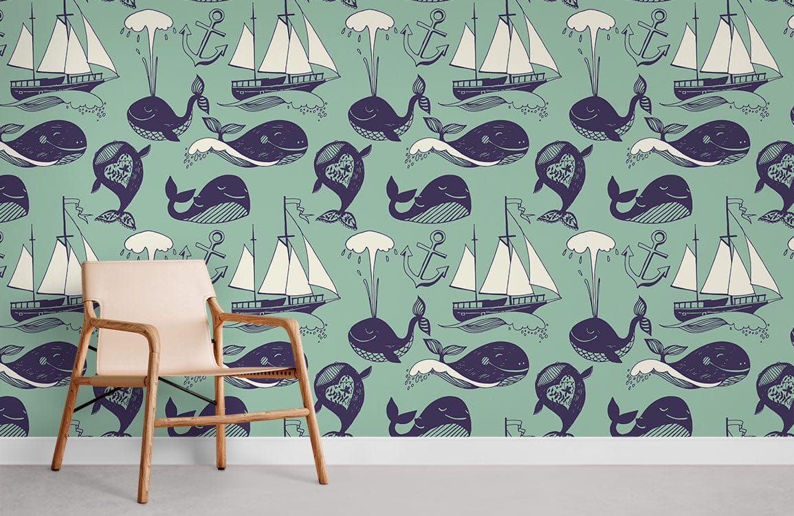 Whale and Navigation Wall Mural Room Decoration Idea