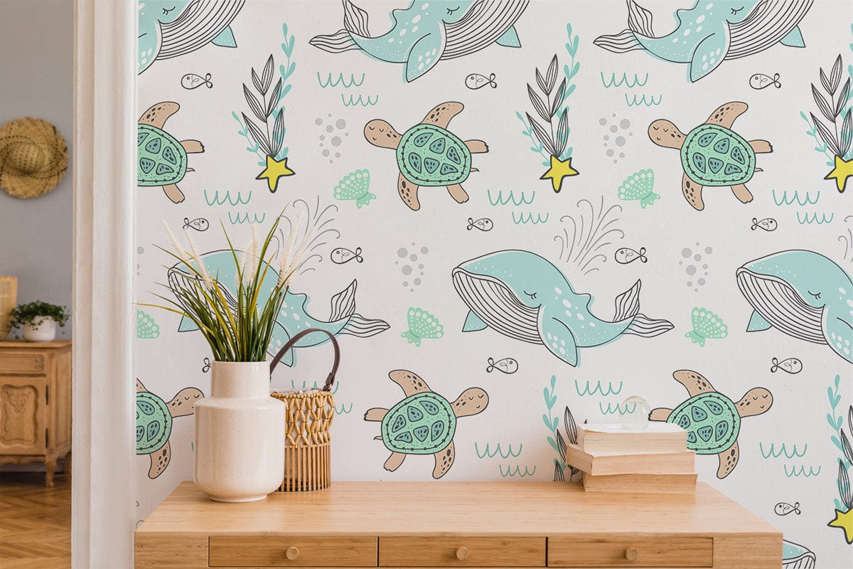 Whale and Turtle Ocean Style Cartoon Wall Mural For Kids