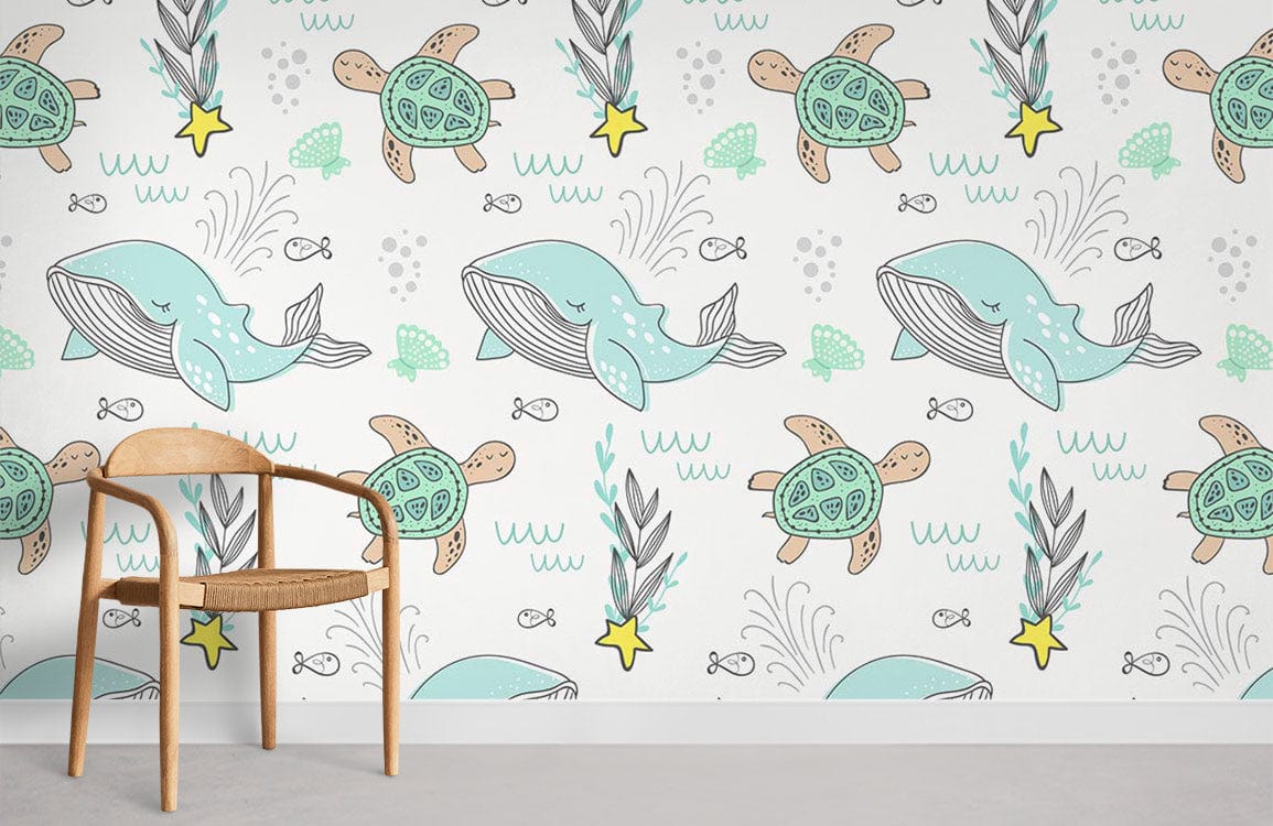 Whale and Turtle Green Wall Murals Room Decoration Idea
