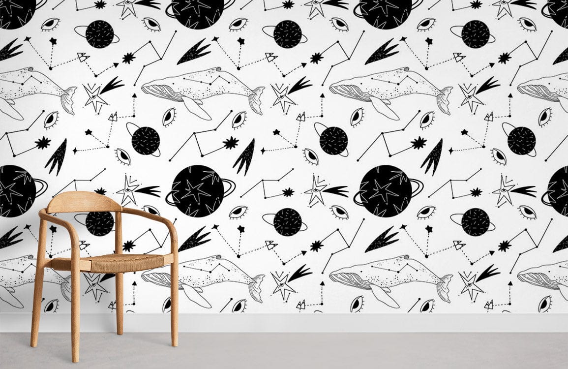 Whale and planets Animal Mural Wallpaper for Room decor