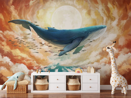 Surreal Whale Sunset Ocean Mural Wallpaper in child's room