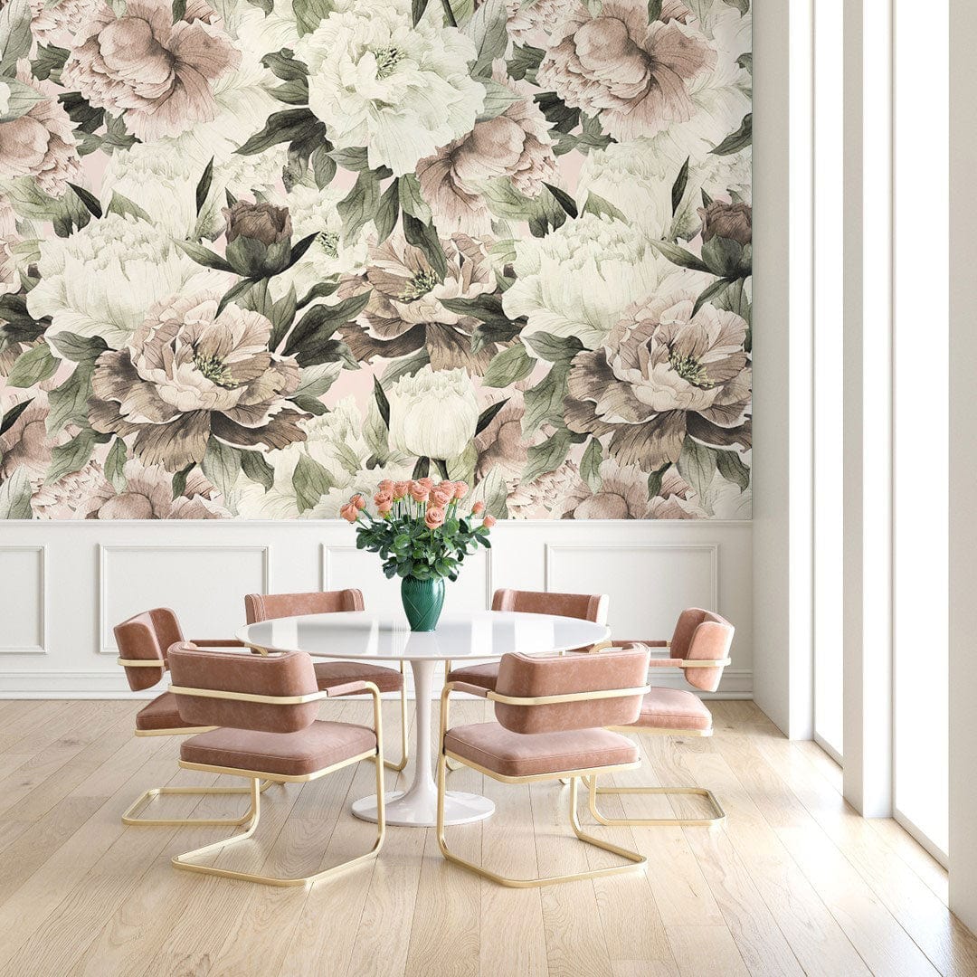 Wall mural for the dining room featuring flowers in white and neutral colours.