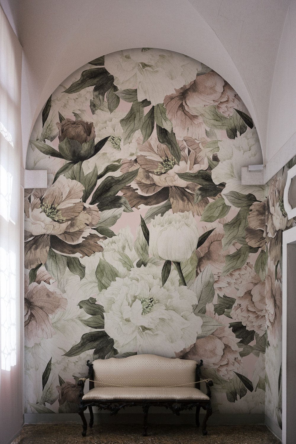 Flowers on a wallpaper mural that is white and neutral, and it is for the foyer.