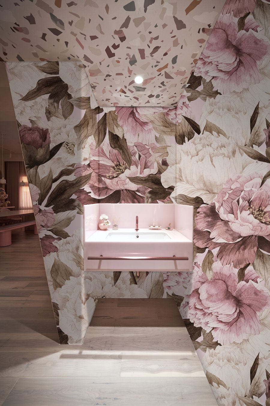 Wall mural paper for the bathroom decorated with pink and white flowers