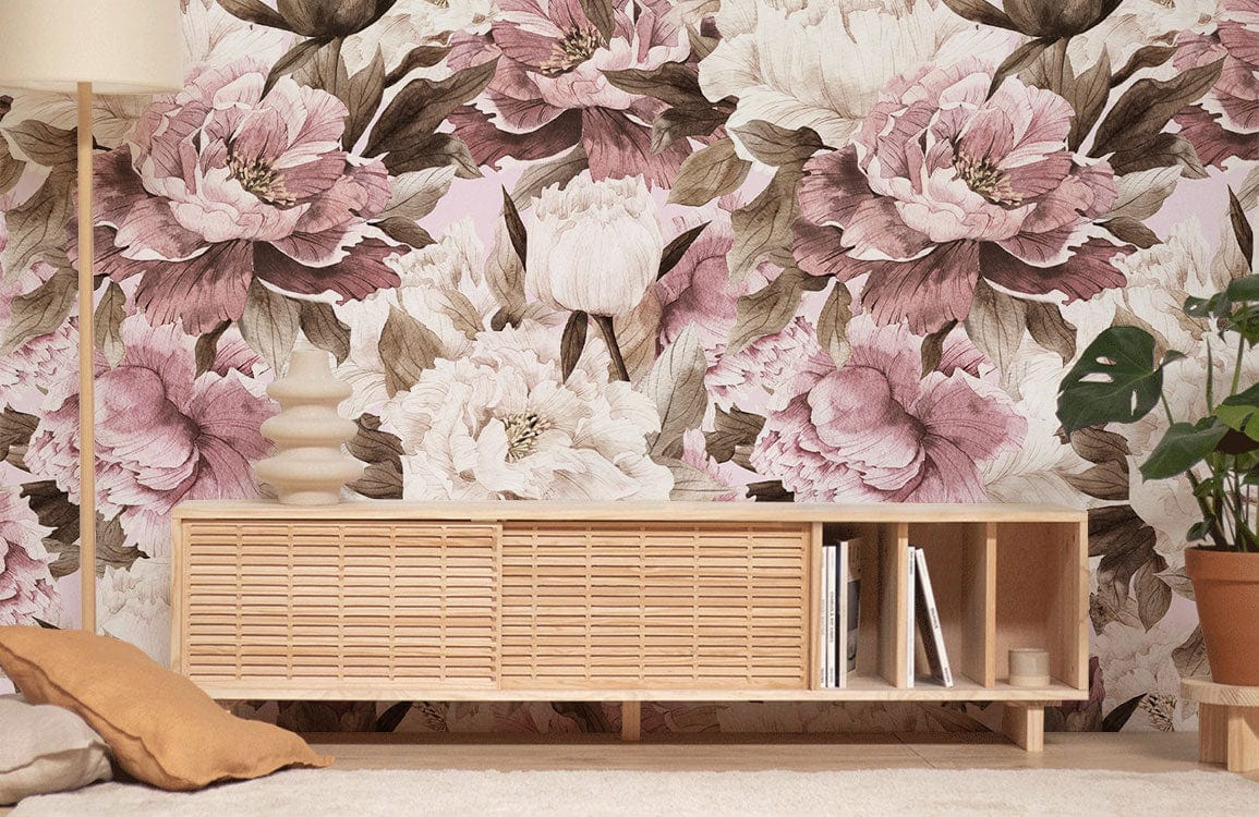 Wall mural in the hallway featuring pink and white flowers.