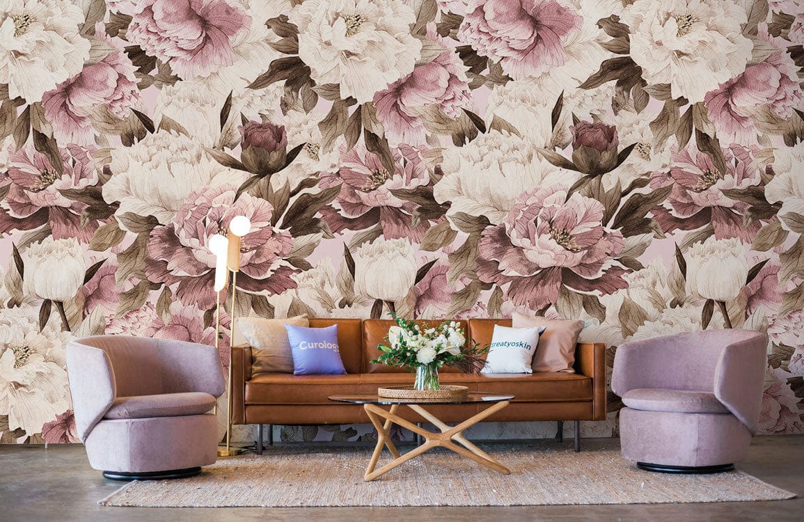 The living room mural has floral designs on a white and pink colour scheme.
