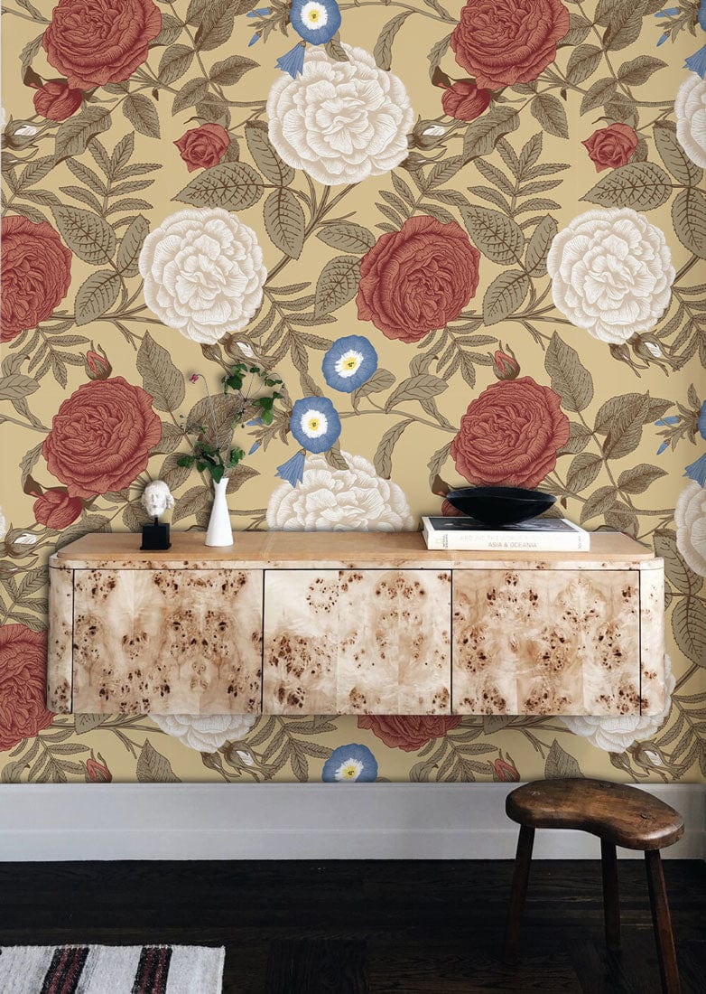 Blossoms in White and Red on a Wallpaper Mural for Home Decoration