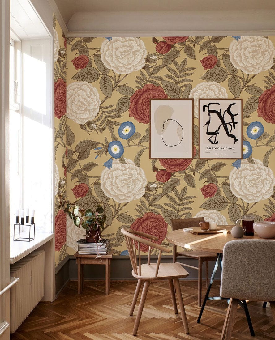 Wallpaper mural featuring white and red blossoms, perfect for decorating the dining room.