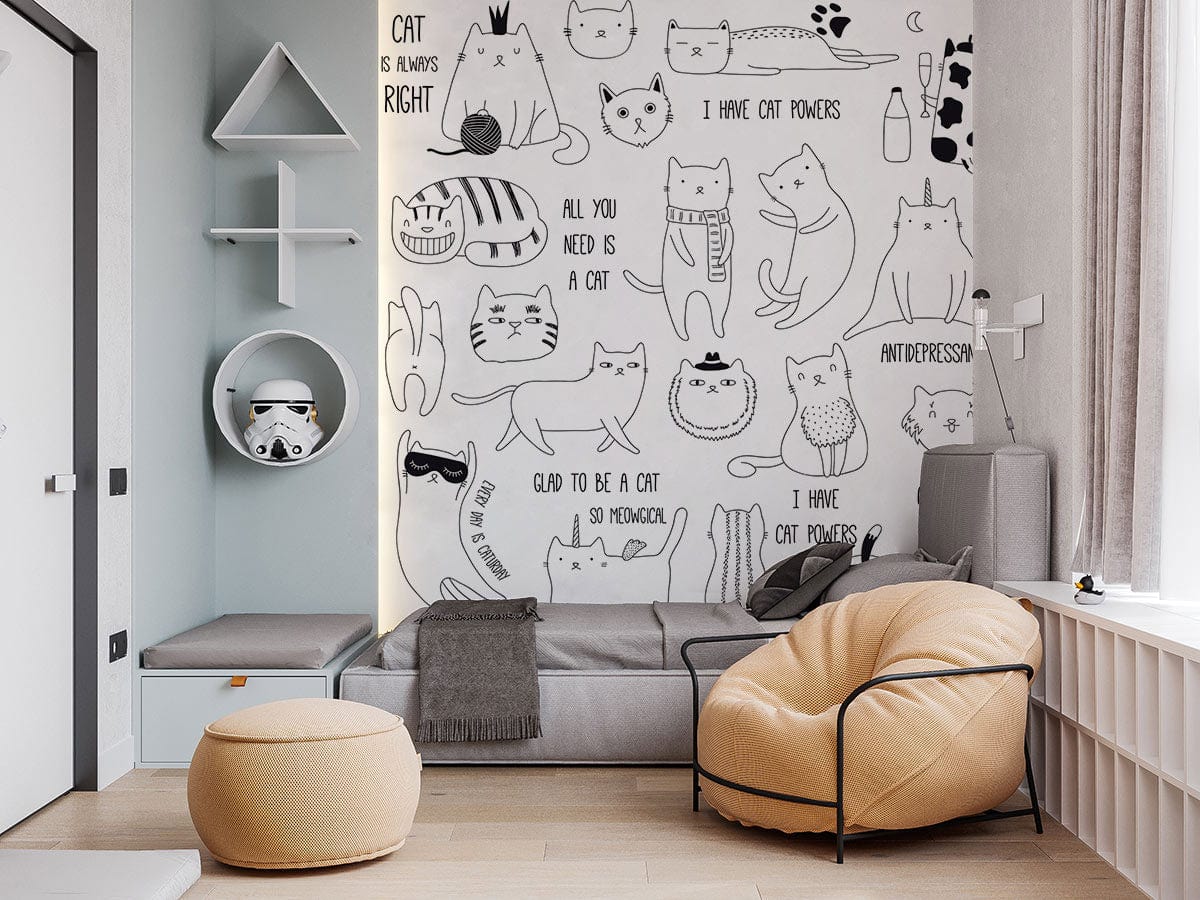 sketched cats animal wallpaper mural for living room decor