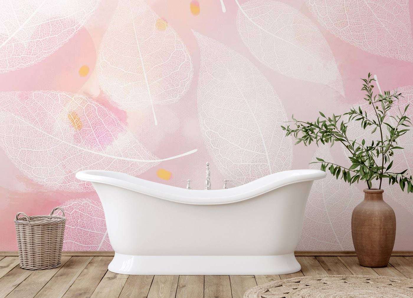 Wallpaper Mural in the Bathroom with White Transparent Leaves Art Deco