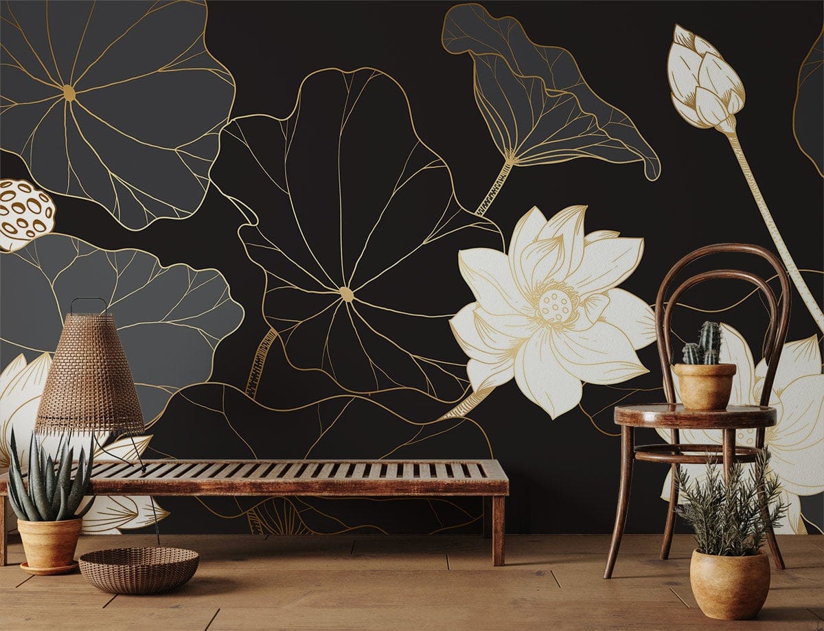 White Lotus Dark Floral Mural Decoration Idea